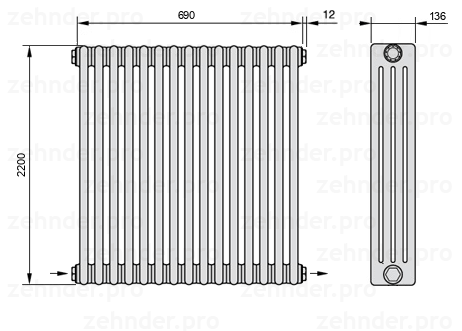 Схема (чертеж) Радиатор Zehnder Charleston 4220/15 №2670 Белый глянцевый RAL 9016
